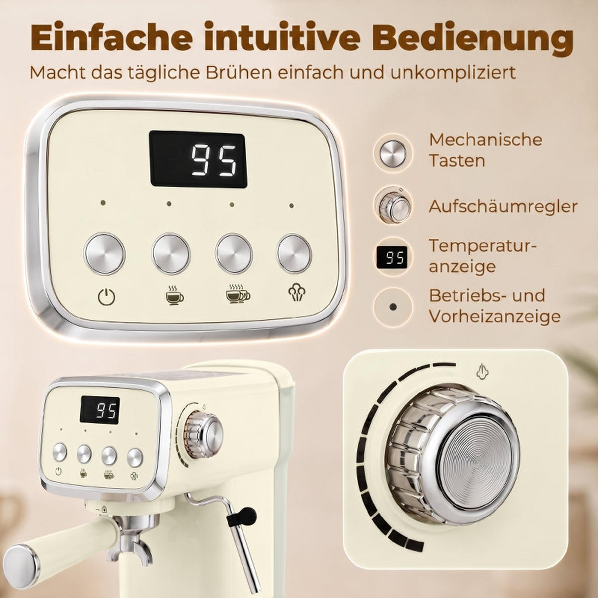 SIEBTRÄGERMASCHINE 32/17/31 cm, Cremeweiß, 20‑Bar‑Druck, Milchaufschäumer, 1,2‑l‑abnehmbarer Wassertank - Creme, Metall (17/31/32cm)