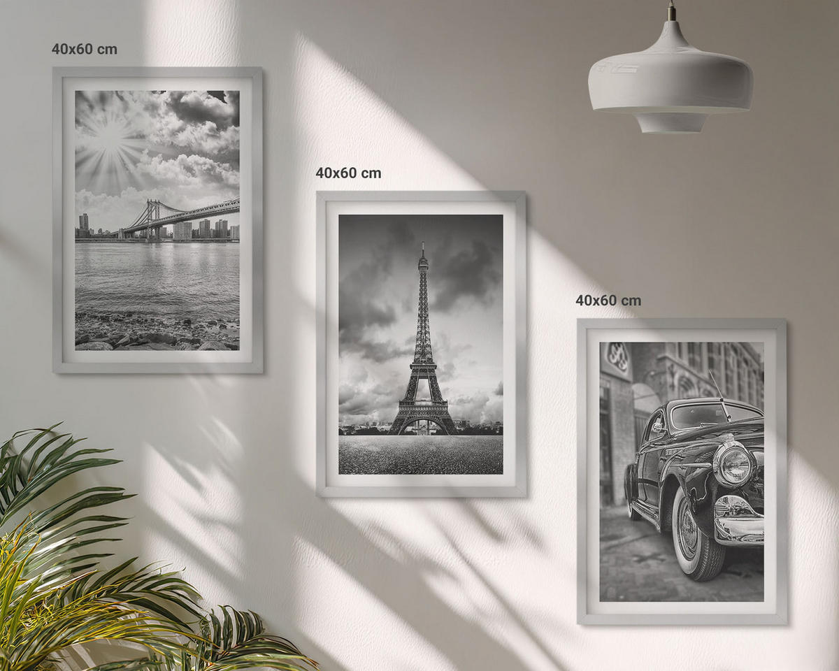 BILDER SET 3er Set - 40x60 cm Silberner Rahmen - Stadtansichten, Brücken, Eiffelturm - Silberfarben, Kunststoff (40/60cm) - TULUP