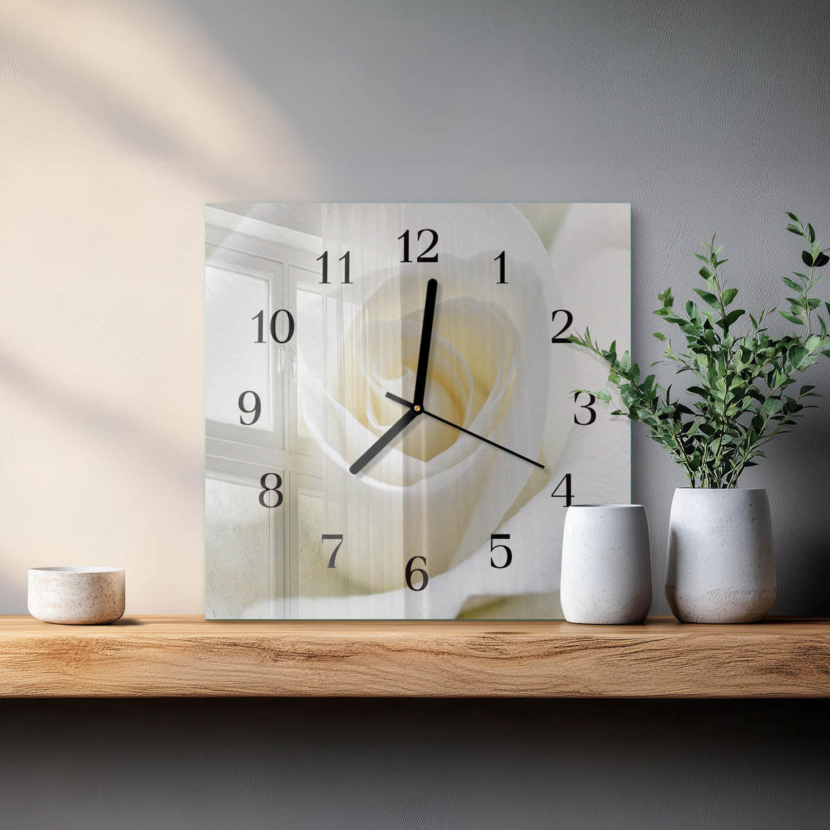 WANDUHR 30x30 cm - Weiße Rose - Weiß, Glas (30/30/0.4cm) - TULUP