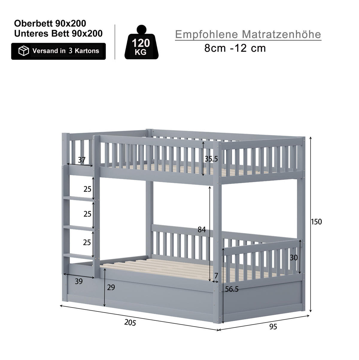ETAGENBETT aus Kiefernholz 90x200 cm Grau mit hydraulischem Stauraum - Grau, Holzwerkstoff (90/200cm) - IVMEU