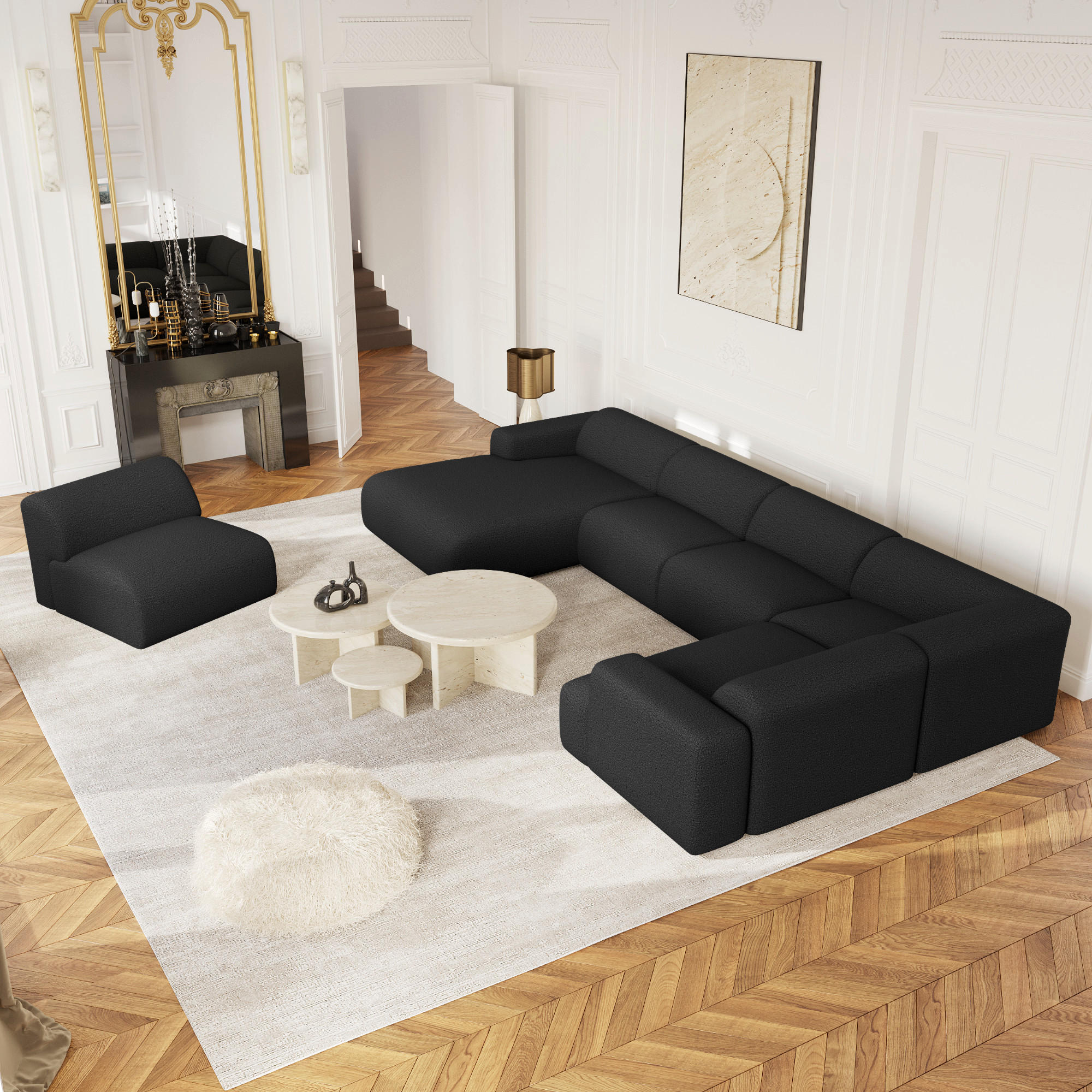 WOHNLANDSCHAFT Bouclé-Stoff Schwarz 354cm - Anthrazit, Textil (354/164cm) - Sia Home