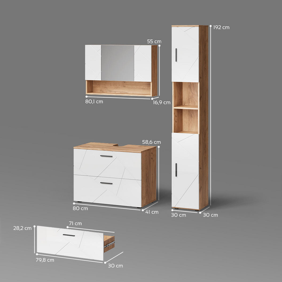 BADMÖBEL-SET Ronco Weiß Hochglanz/Goldkraft Eiche 3 Teile, mit Spiegelschrank 80 cm - Honigeiche/Weiß Hochglanz, Holzwerkstoff (80/58/41cm) - Livinity®