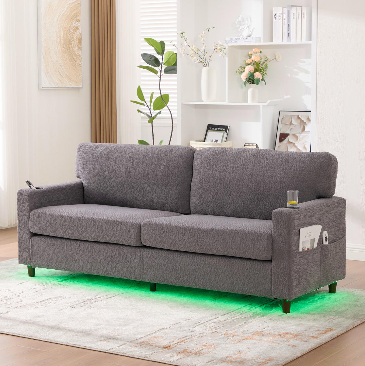 2-SITZER-SOFA aus Chenille 203x77,5x86 cm Hellgrau mit USB-C, LED, Getränkehaltern und Seitentaschen - Hellgrau, Textil (77.5/86/203cm) - Modfu