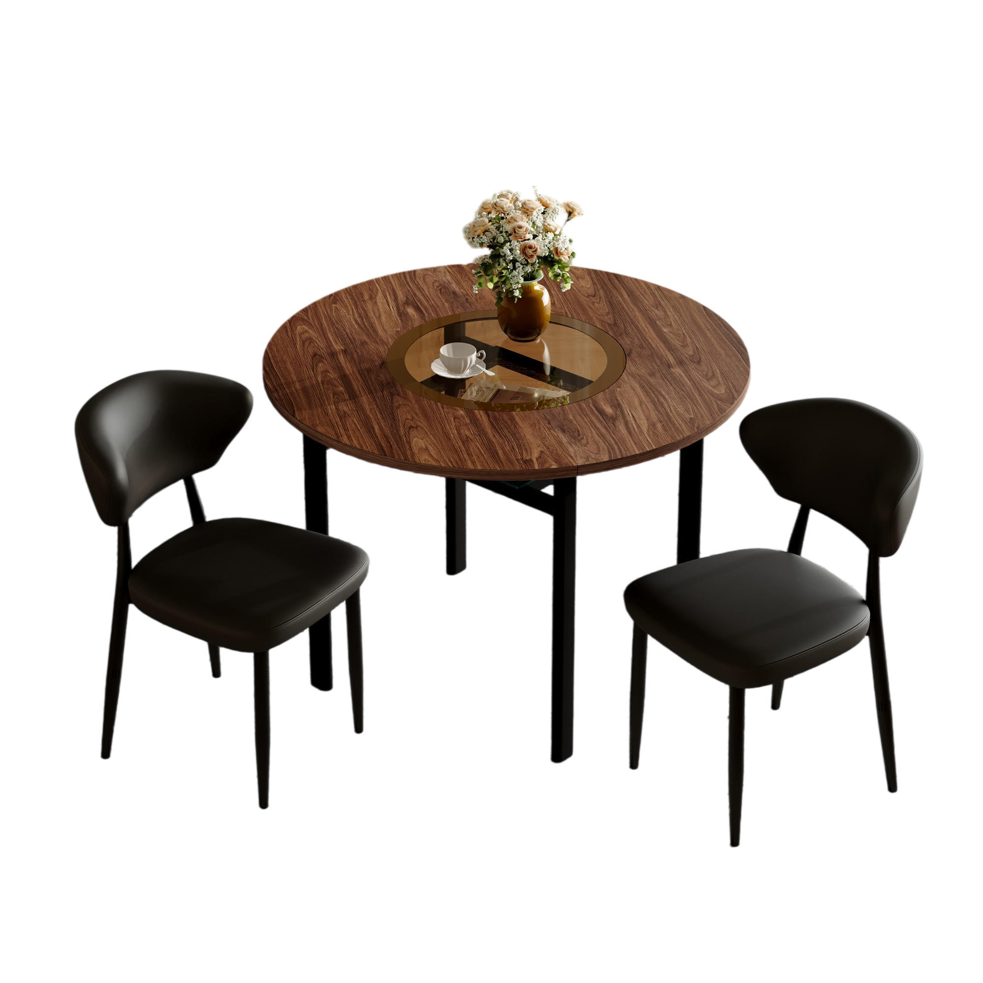 ESSGRUPPE DE-39356 3-teilig, mit 2 PU-Sesseln und Glasintarsie Braun/Schwarz - Schwarz, Metall (100/76/100cm) - ComfortXL