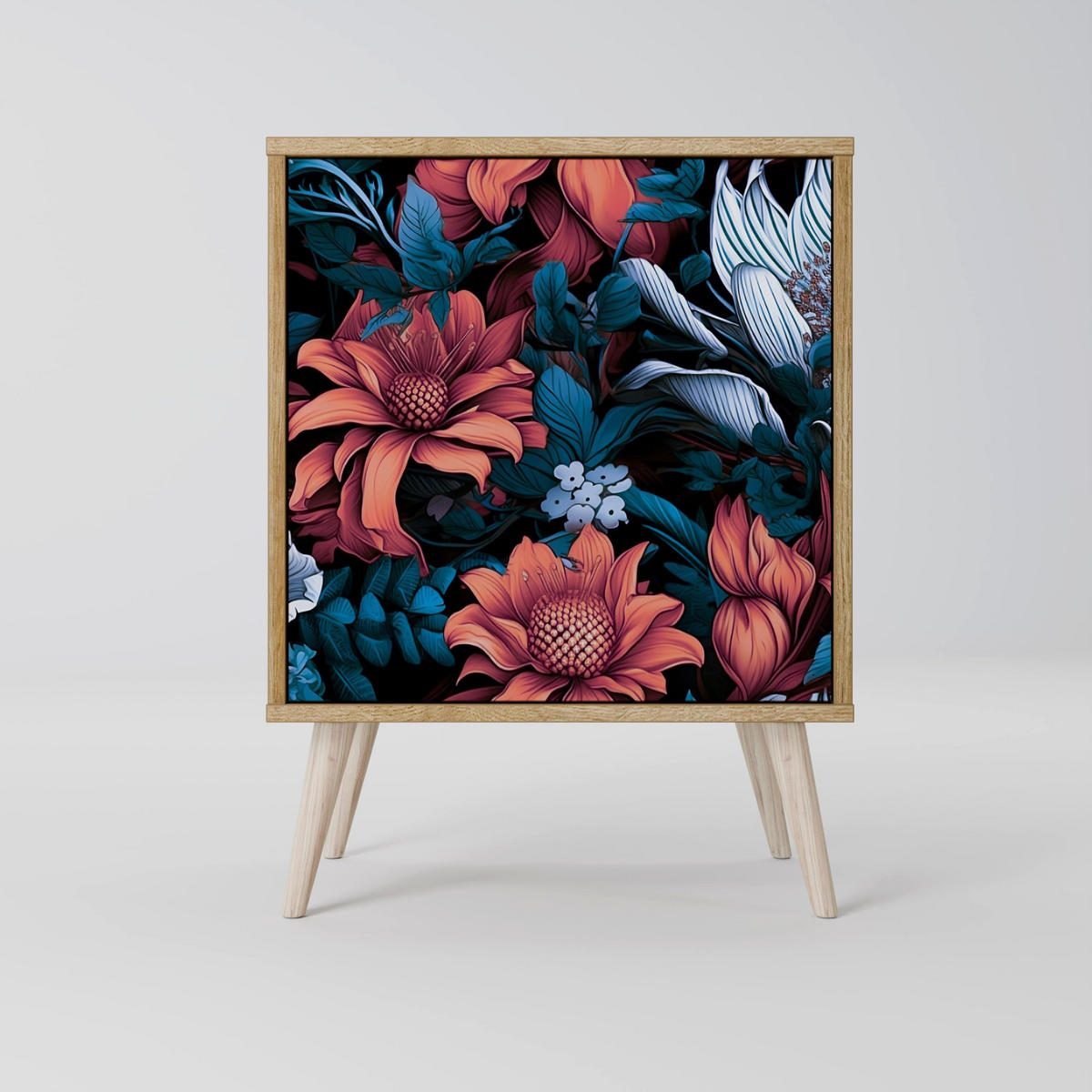SIDEBOARD ETHEREAL BLOSSOMS, Grau, 57,5x42x72,5 cm, Schwarze Metallfüße - Multicolor/Schwarz, Holzwerkstoff/Metall (57.5/72.5/42cm) - SpaceRebels