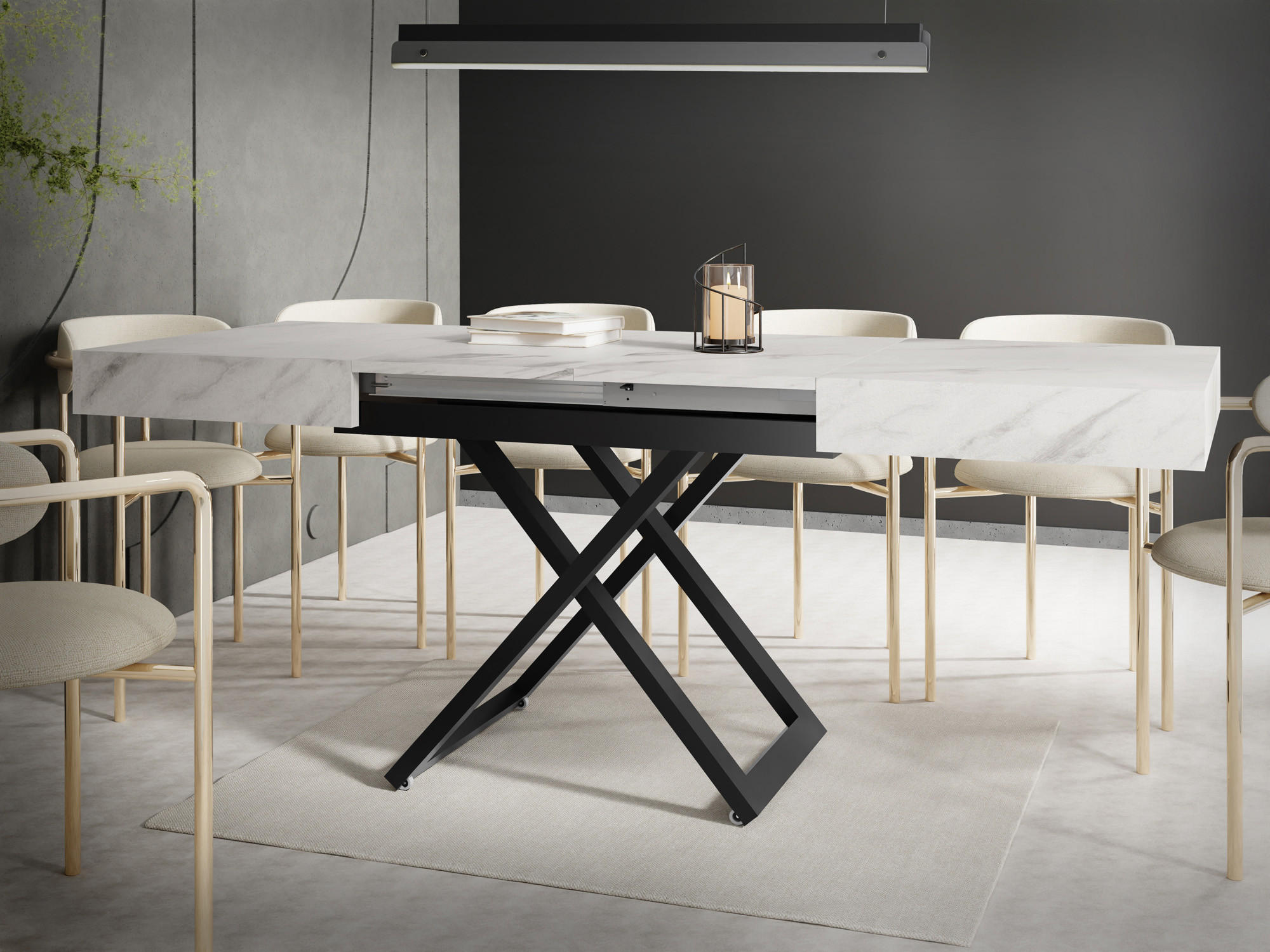 COUCHTISCH Cavetta U höhenverstellbar ausziehbar, Marmor Weiß 120-200/80/27-76 cm - Ecru/Schwarz, Holzwerkstoff/Metall (80/120/76cm) - WFL GROUP