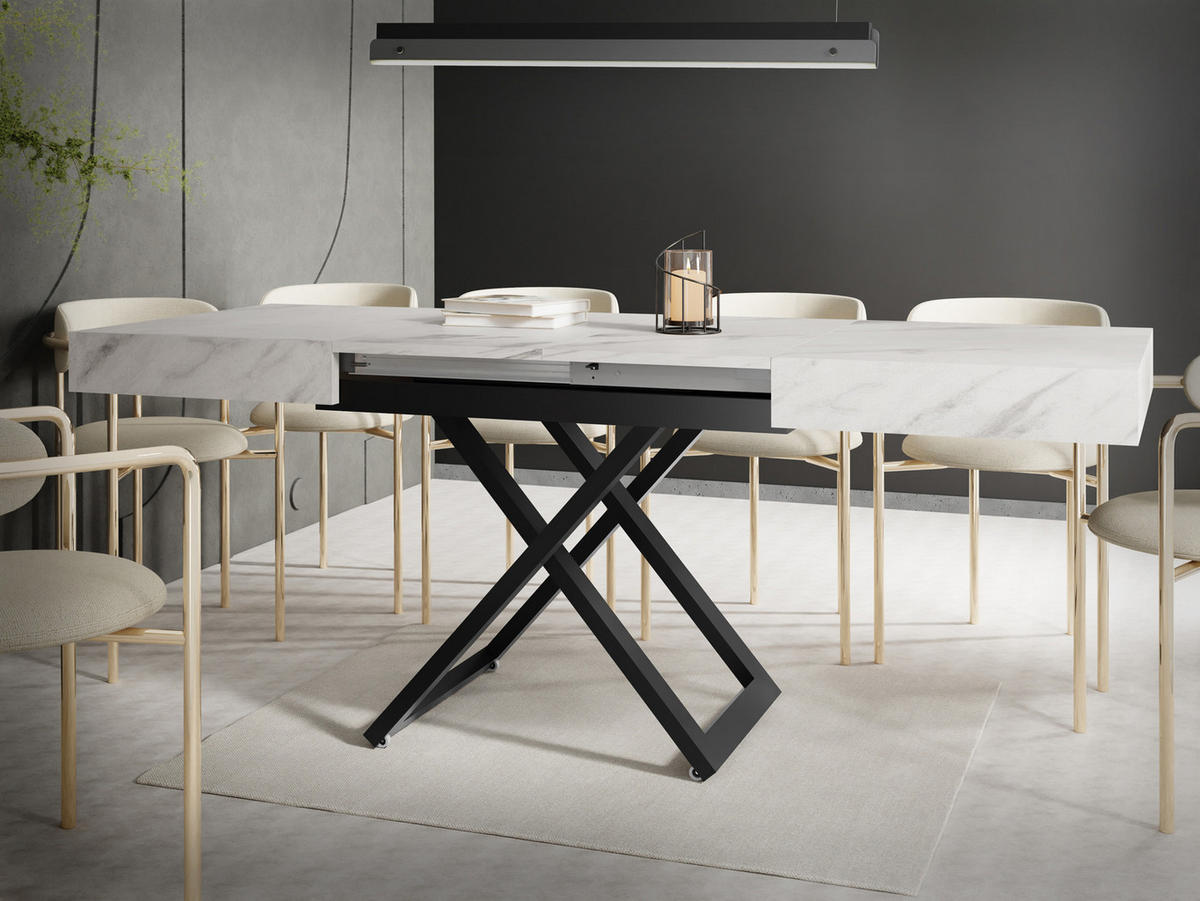 COUCHTISCH Cavetta U höhenverstellbar ausziehbar, Marmor Weiß 120-200/80/27-76 cm - Ecru/Schwarz, Holzwerkstoff/Metall (80/120/76cm) - WFL GROUP