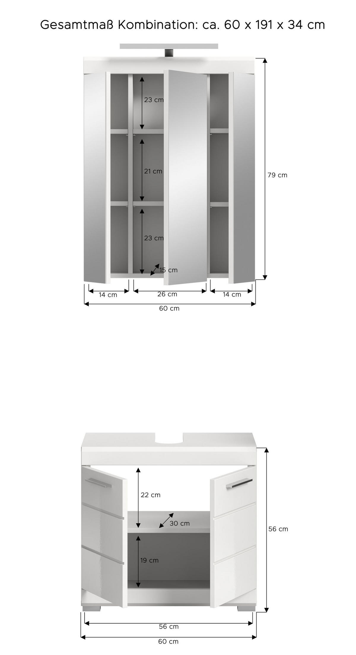 BADKOMBINATION 2tlg. Scout Bad in weiß Nachbildung und weiß hochglanz B/H/T: 60x191x34 cm - Weiß, Holz (60/191/34cm)