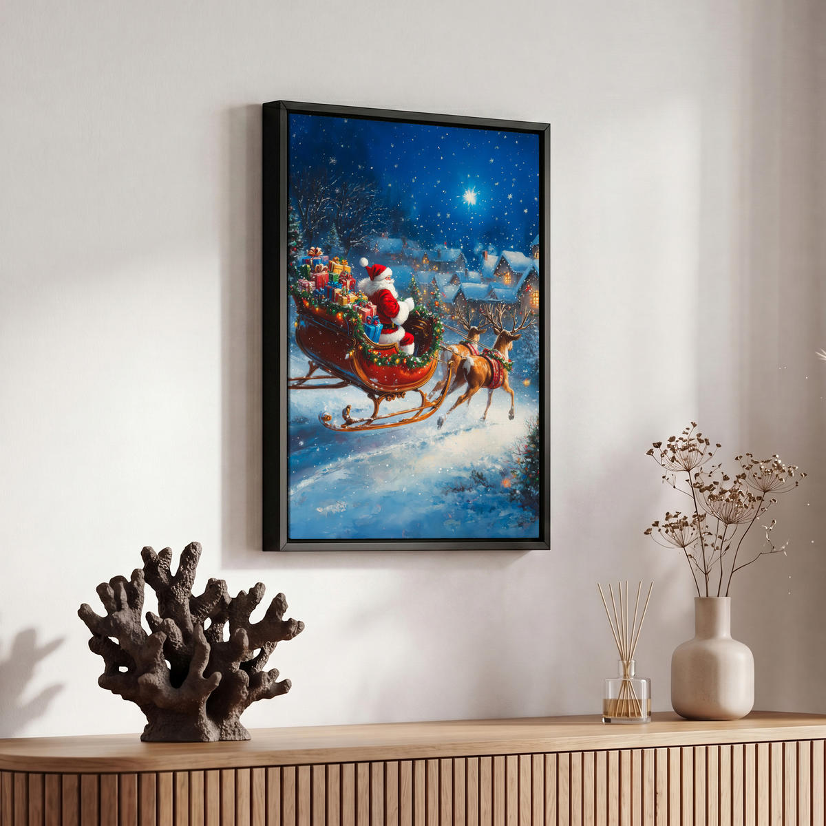 LEINWAND Bilder mit Rahmen - Weihnachtsmann - Rentier - Weihnachten - Schnee - 20x30 - Cognac, Textil (20/30cm) - MuchoWow