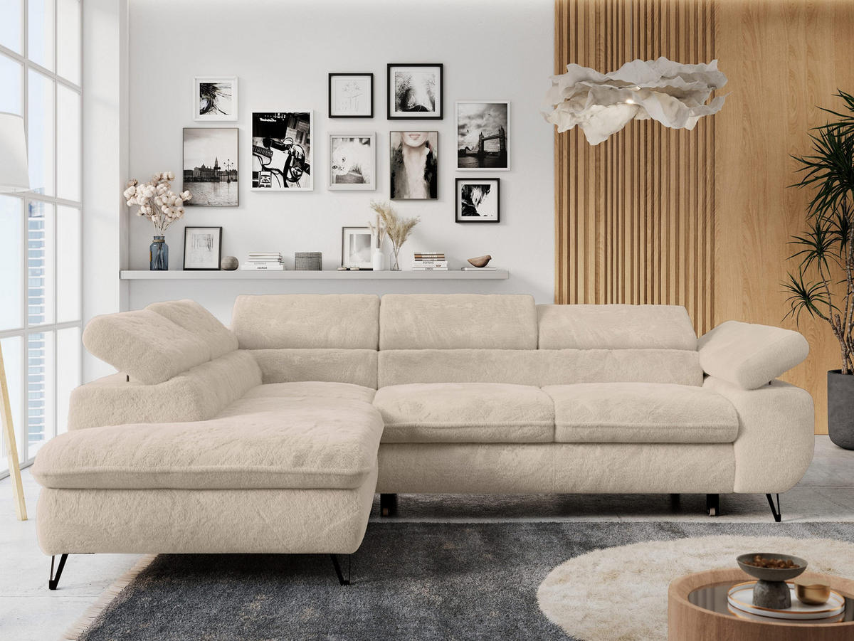 ECKSOFA PETER L Dunkelgrau Plüsch - Links Seite - Ecru/Schwarz, Textil/Metall (208/273cm) - MKS