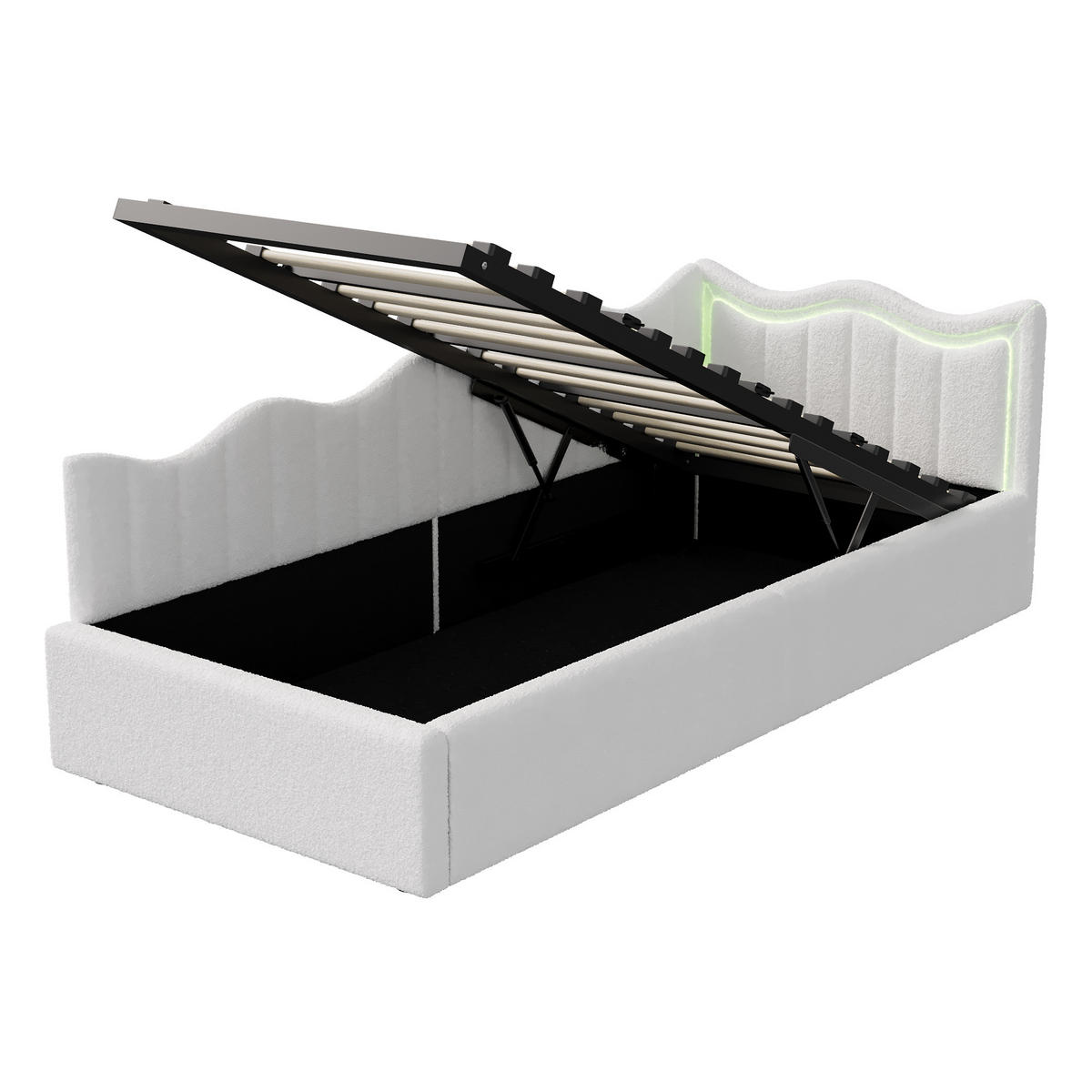 KINDERBETT 90×200 cm Bouclé-Stoff Weiß – Bett mit LED-Beleuchtung - Weiß, Holz