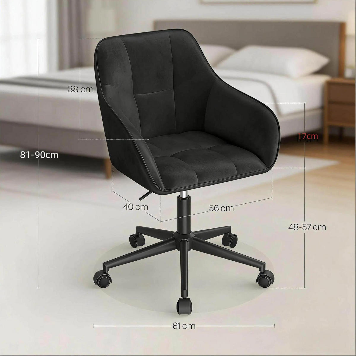 BÜROSTUHL höhenverstellbar Samt Schwarz - Schwarz, Metall (40.5/40/61cm) - Meubliv