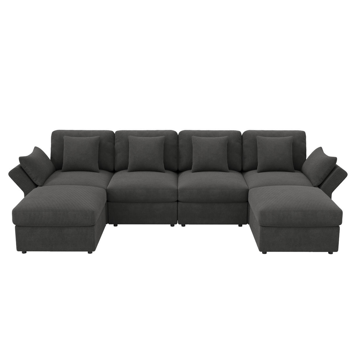 ECKSOFA 290/159,5/89 cm mit verstellbaren Armlehnen, modular und mit Hockern, Cord, Grau - Grau, Textil (290/159.5cm) - Redom