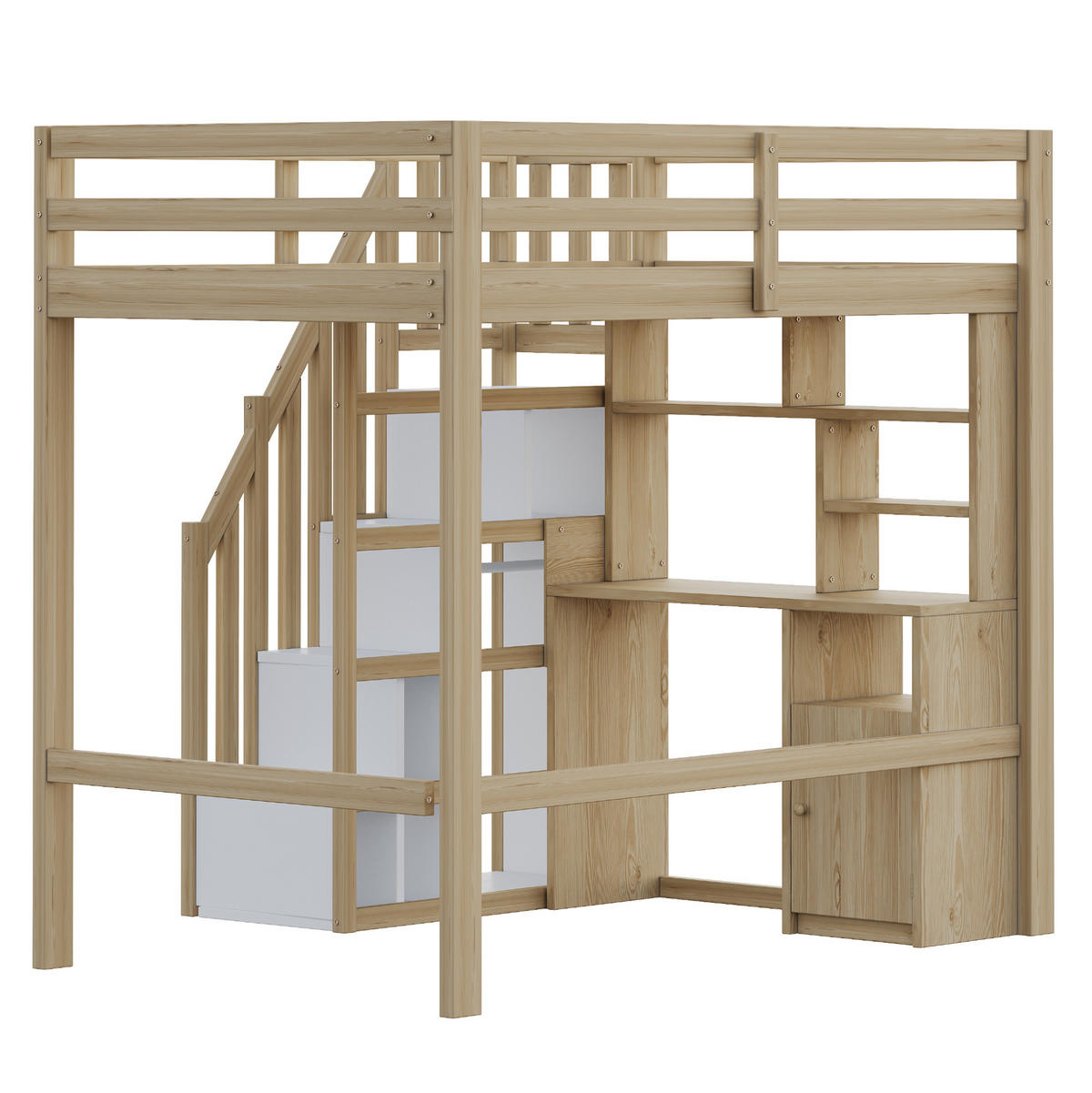 HOCHBETT 90/200 cm in Naturholz – mit Schreibtisch, Stauraumtreppe und Regalen - Naturfarben, Holzwerkstoff (90/200cm) - BEAOK