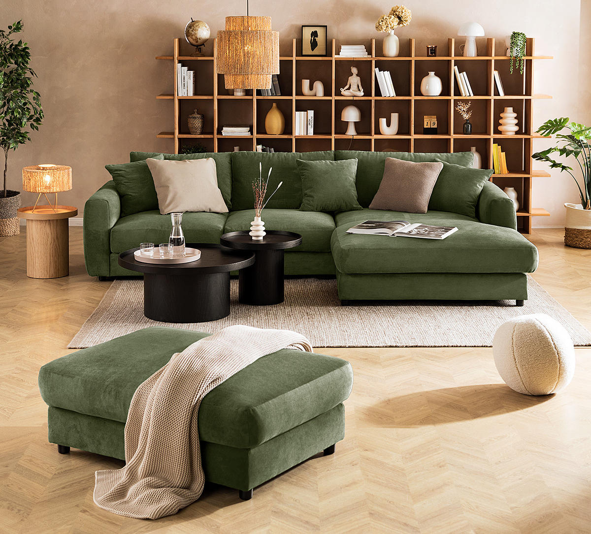 ECKSOFA mit Longchair - Schwarz/Grün, Holz/Kunststoff (286/183cm) - home24