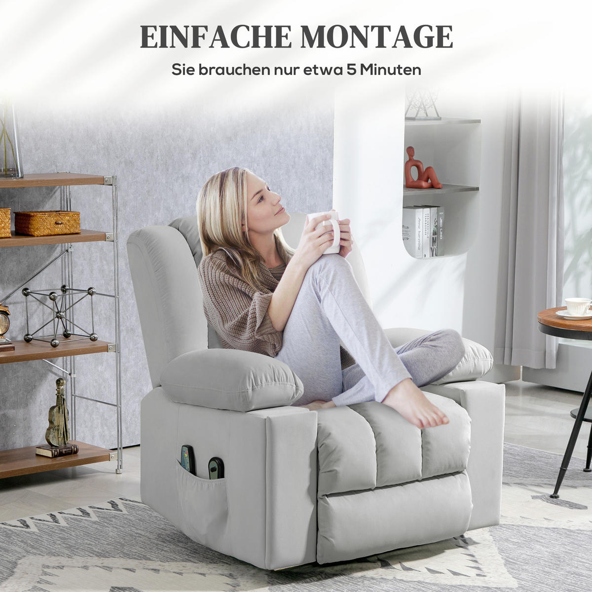 FERNSEHSESSEL mit Aufstehhilfe Relaxsessel mit Massage-/ Wärme-/Liegefunktion - Hellgrau, Textil (93/104/101cm) - HOMCOM