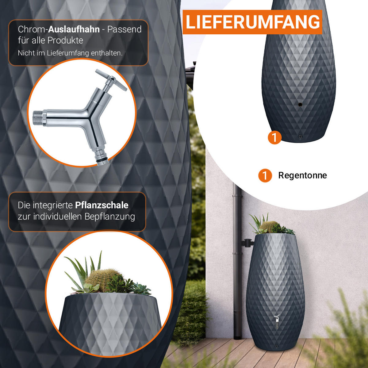 2IN1 Regentonne 230 L, graphite grey mit integrierter Pflanzschale - Grau, Kunststoff (53/118/65cm) - GARANTIA