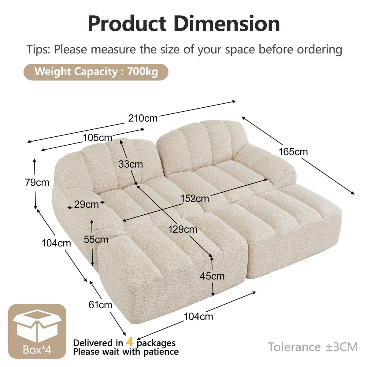 2-SITZER SOFA Granulierter Fleece Beige mit Ottomane - Beige, Textil (210/79/165cm) - WISHDOR