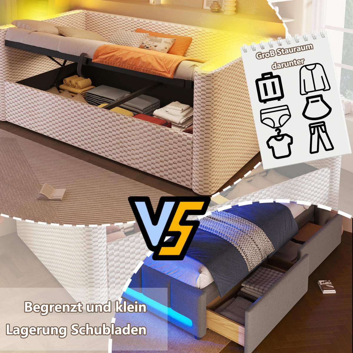 POLSTERBETT 90/200 cm mit LED-Beleuchtung, hydraulischem Stauraum und Lattenrost aus Samt, Beige - Beige, Textil (90/200cm) - Redom