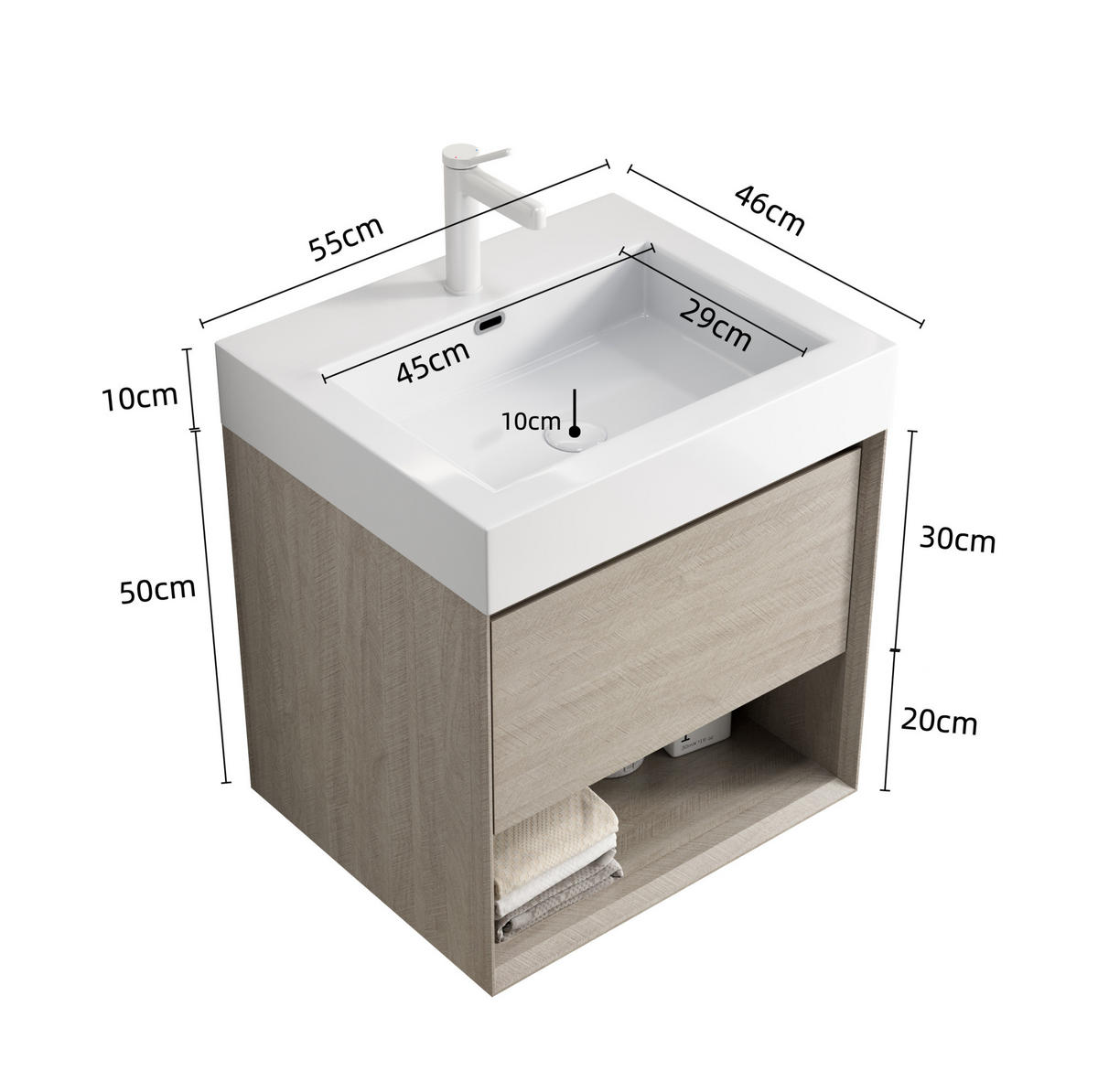 WASCHTISCHUNTERSCHRANK 55 cm mit Mineralgussbecken Light Oak/White - Weiß, Holzwerkstoff (46/60/55cm) - Beauniv