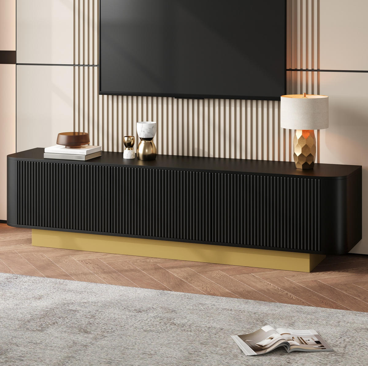 TV-LOWBOARD aus MDF und Spanplatte 170x40,5x47 cm Schwarz mit 3 Türen und Kabelmanagement - Schwarz, Holzwerkstoff (170/47/40.5cm) - IVMEU
