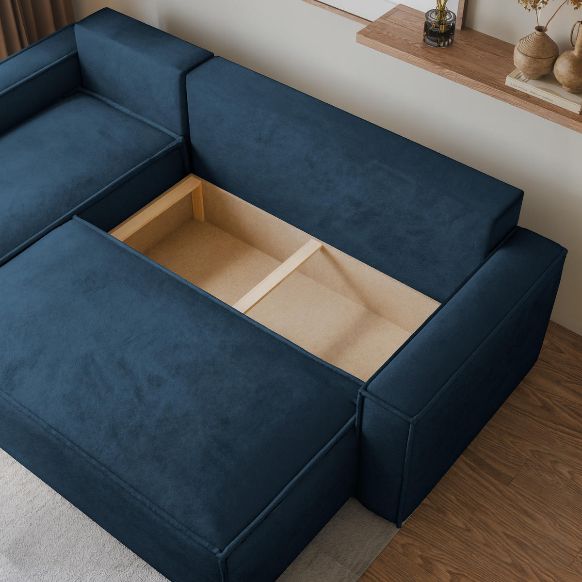 ECKSOFA RAVELO M Blau Velours-Stoff mit Schlaffunktion - Blau, Holz (240/140cm) - MASSENO
