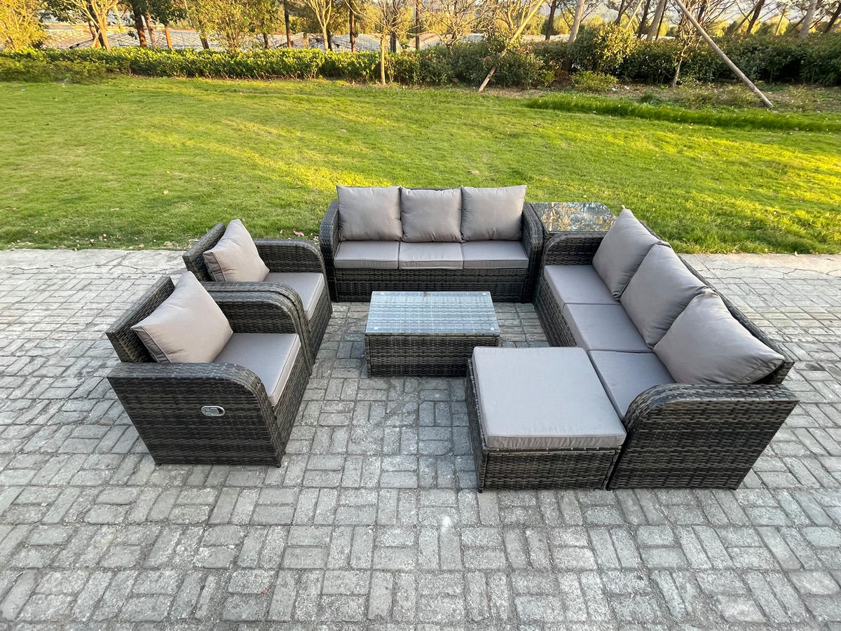 GARTENMÖBEL-SET mit Kissen Polyrattan Dunkelgrau 9-Sitzer - Dunkelgrau/Grau, Glas/Kunststoff - Fimous