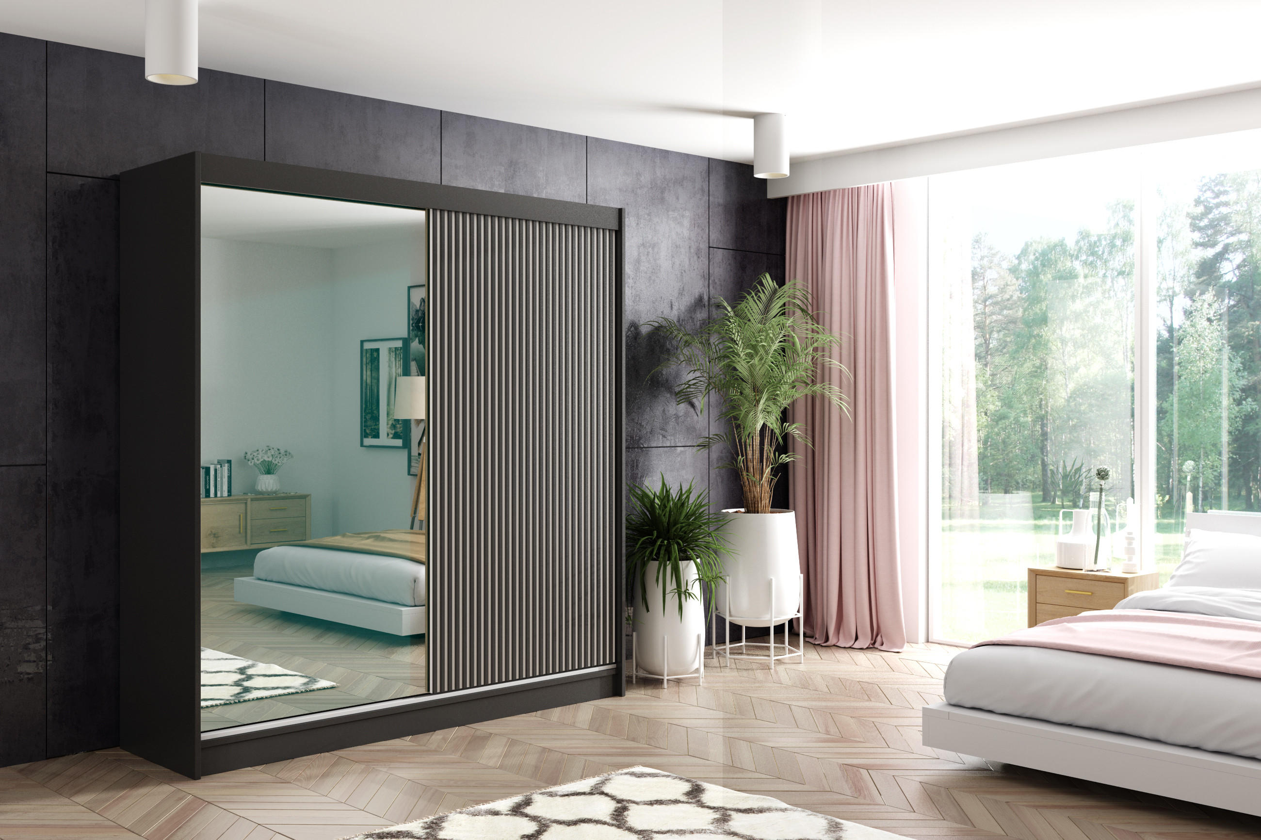 KLEIDERSCHRANK VILAN mit Spiegel - 200 cm - Schwarz - Schwarz, Holzwerkstoff (200/215/61cm) - ALTDECOR