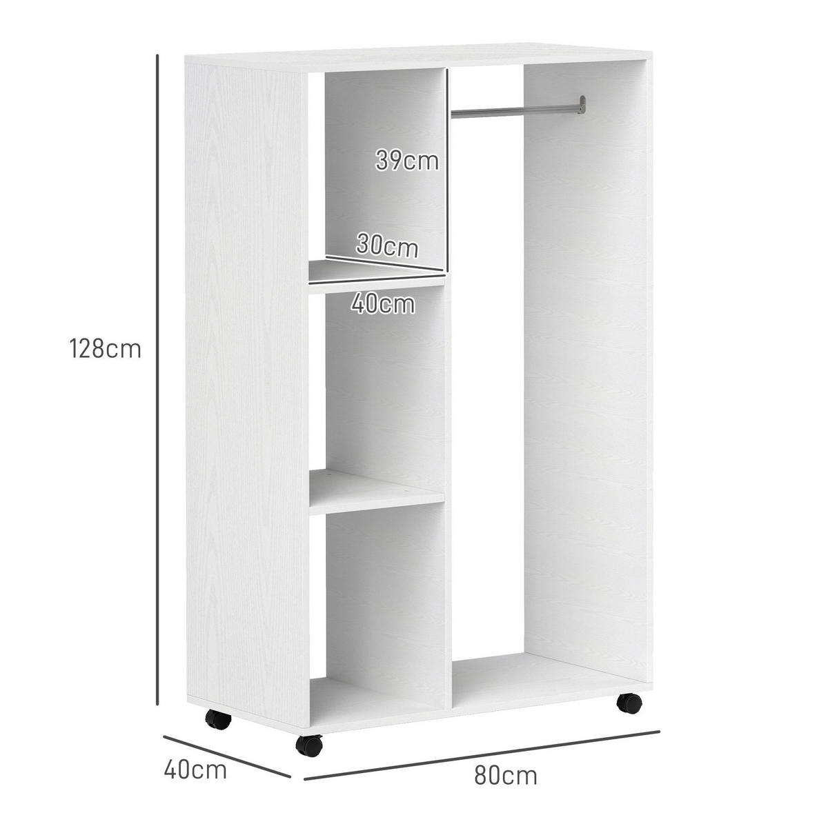 KLEIDERSCHRANK aus Holzwerkstoff 80x40x128 cm Weiß mit Rollen, 3 Regalen und Kleiderstange - Weiß, Holzwerkstoff (80/128/40cm) - Modfu