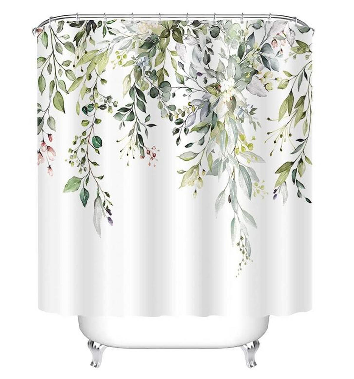 DUSCHVORHANG SET Grün Eukalyptus Blätter floral Dekoration 180 x 180 cm mit Haken Badezimmer - Weiß, Textil (180/180cm) - MCBOSON