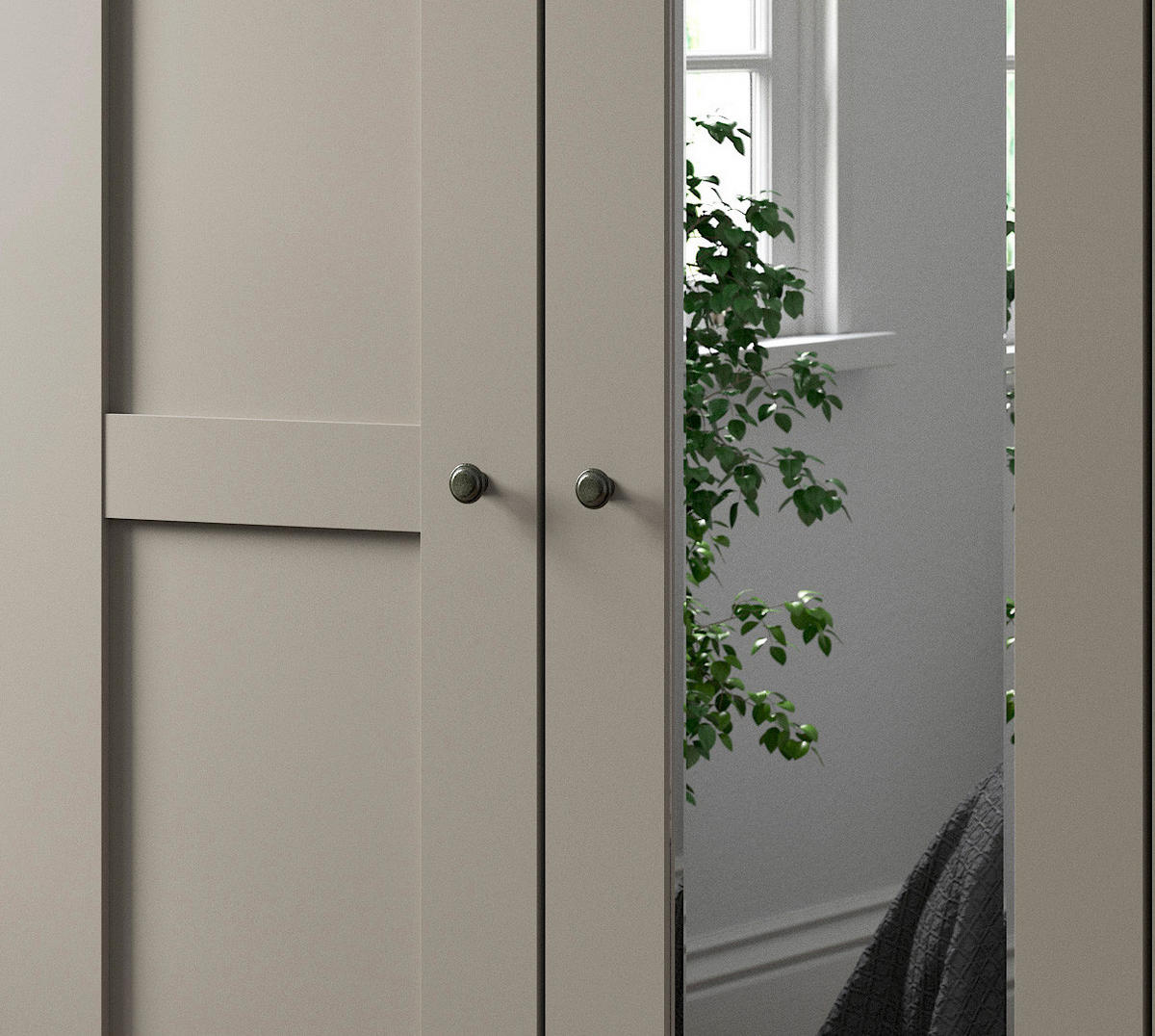 SCHLAFZIMMER Greenholm in Kieselgrau 4 teilig mit Kleiderschrank 150cm Breite mit Spiegel, Doppelbett 180x200cm, zwei Nachttisch - Grau, Holzwerkstoff (80/200/120cm)