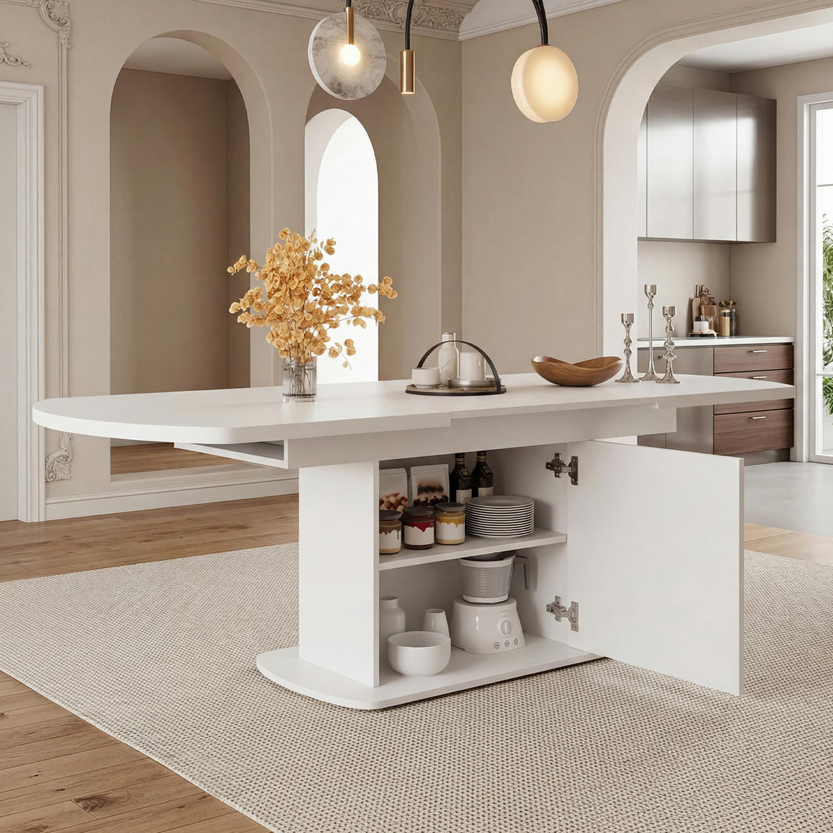 ESSTISCH Multifunktionaler Arbeitstisch mit ausziehbarer Funktion und Stauraum, Schränke unter Tisch, Esszimmer - Weiß, Holzwerkstoff/Metall (200/80/75cm) - EVRYAE