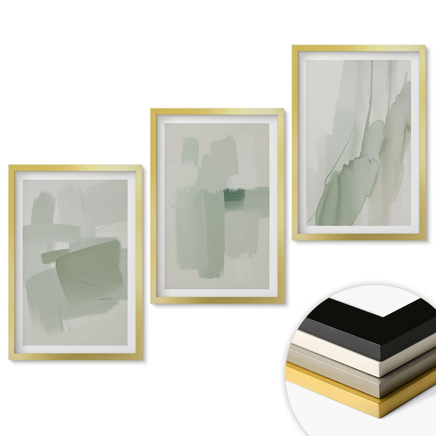 WANDBILDER 3er Set - 40x60 cm Goldrahmen - Abstrakte Aquarellmuster - Goldfarben, Kunststoff (40/60cm) - ArtPrintCave