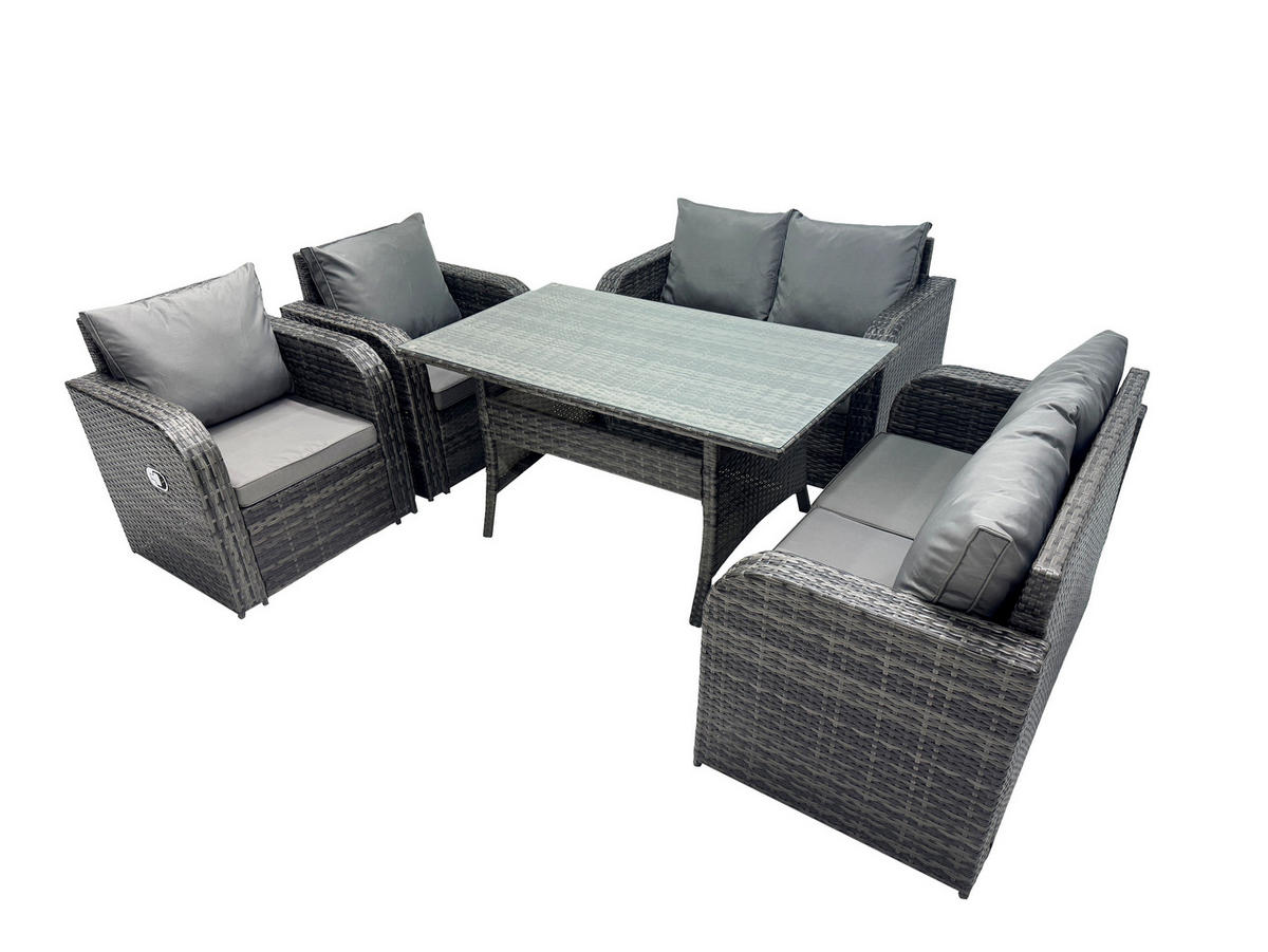 LOUNGEGARNITUR mit Esstisch Polyrattan Dunkelgrau 6-Sitzer - Dunkelgrau/Grau, Glas/Kunststoff - Fimous