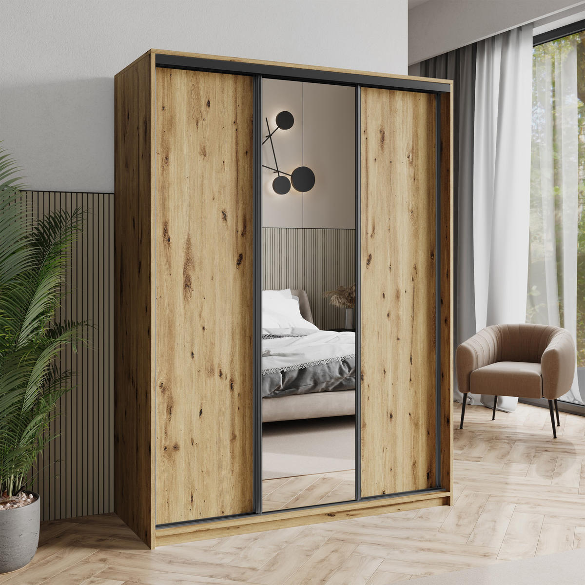 SCHWEBETÜRENSCHRANK TAVI 150/205/60 cm 3-türig mit Spiegel Eiche Artisan - Eiche Artisan, Holzwerkstoff (150/205/60cm) - MASSENO