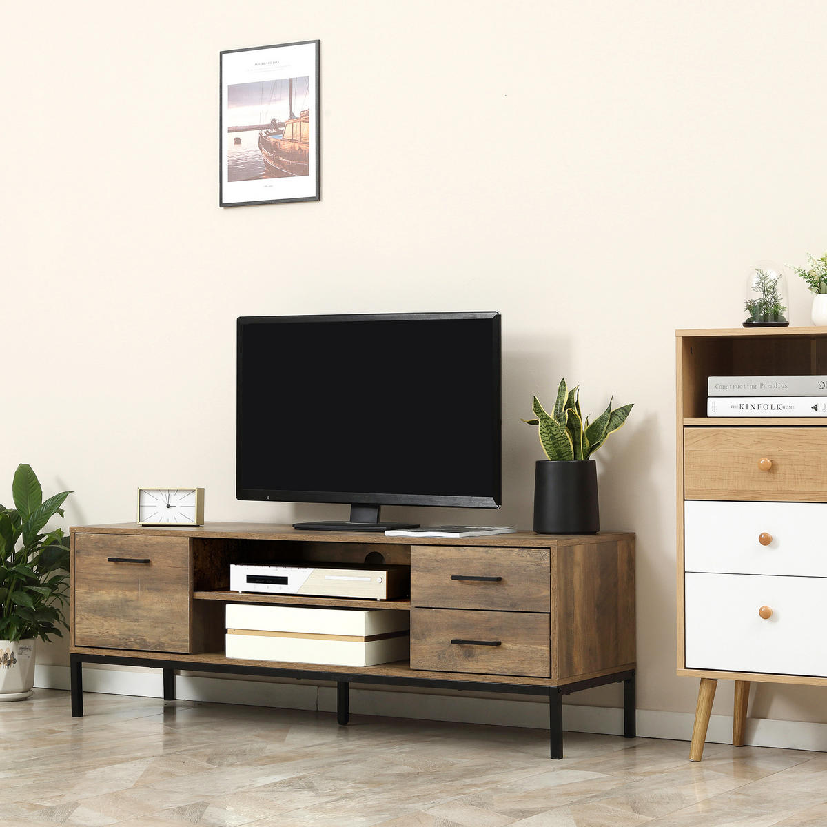 TV-BANK Braun/Schwarz 132/39/45,5 cm, 2 Schubladen, 1 Tür, Metallgestell - Braun, Holzwerkstoff (132/45.5/39cm) - PANGIVO