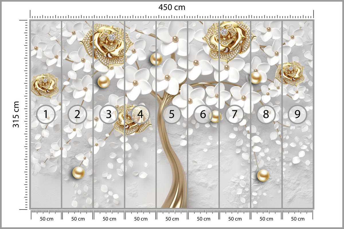 FOTOTAPETE für Wohnzimmer Abstrakte Rosen Baum Blumen Räumliche Äste Zweige 450x315 - Gelb/Weiß, Papier (450/315cm) - Muralo