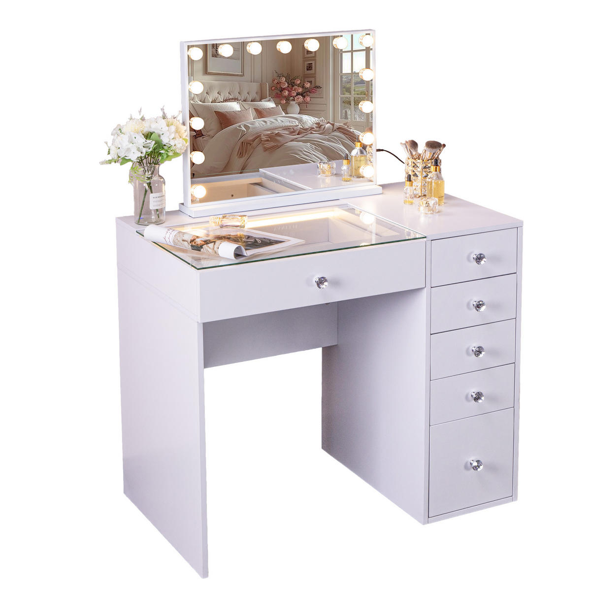 SCHMINKTISCH mit 6 Schubladen 92/55/81 CM und LED Beleuchtung Schminkspiegel 58 x 46 CM - Weiß, Holz (55/81/92cm) - VANITII