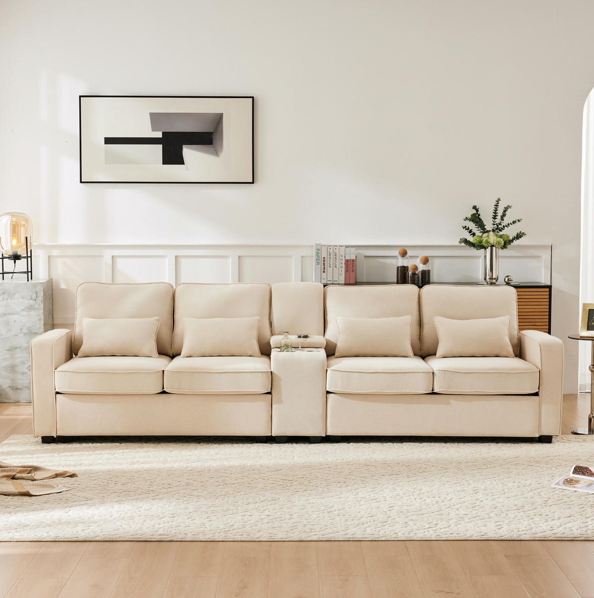 4-SITZER Sofa 290/88/83 cm Beige aus Leinen mit USB-Anschluss und Getränkehaltern - Beige, Textil (83/88/290cm) - OKMYHOME