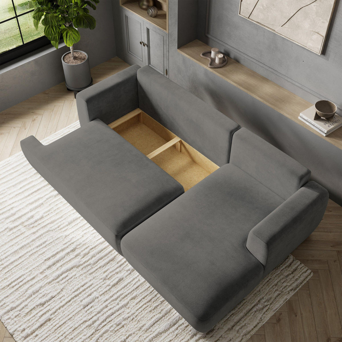 ECKSOFA SENTI K R-S Grau Plüsch-Stoff mit Schlaffunktion - Grau, Holz (246/148cm) - MASSENO