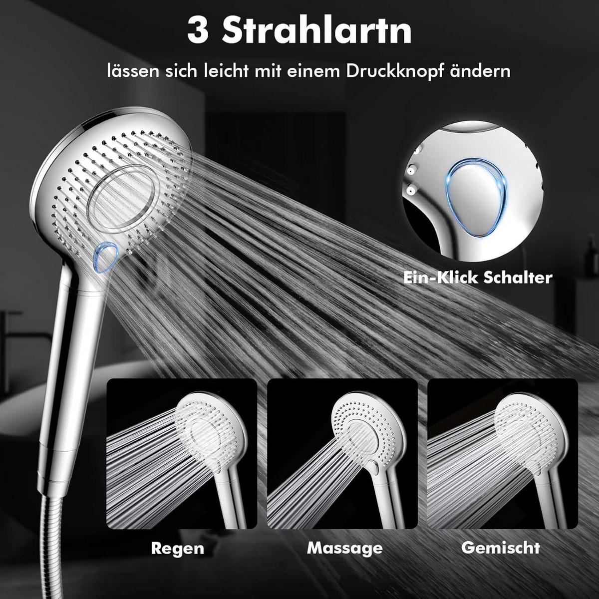 HANDBRAUSE mit Filter 3 Strahlarten Silber - Silberfarben, Metall (9/12.7/27cm)