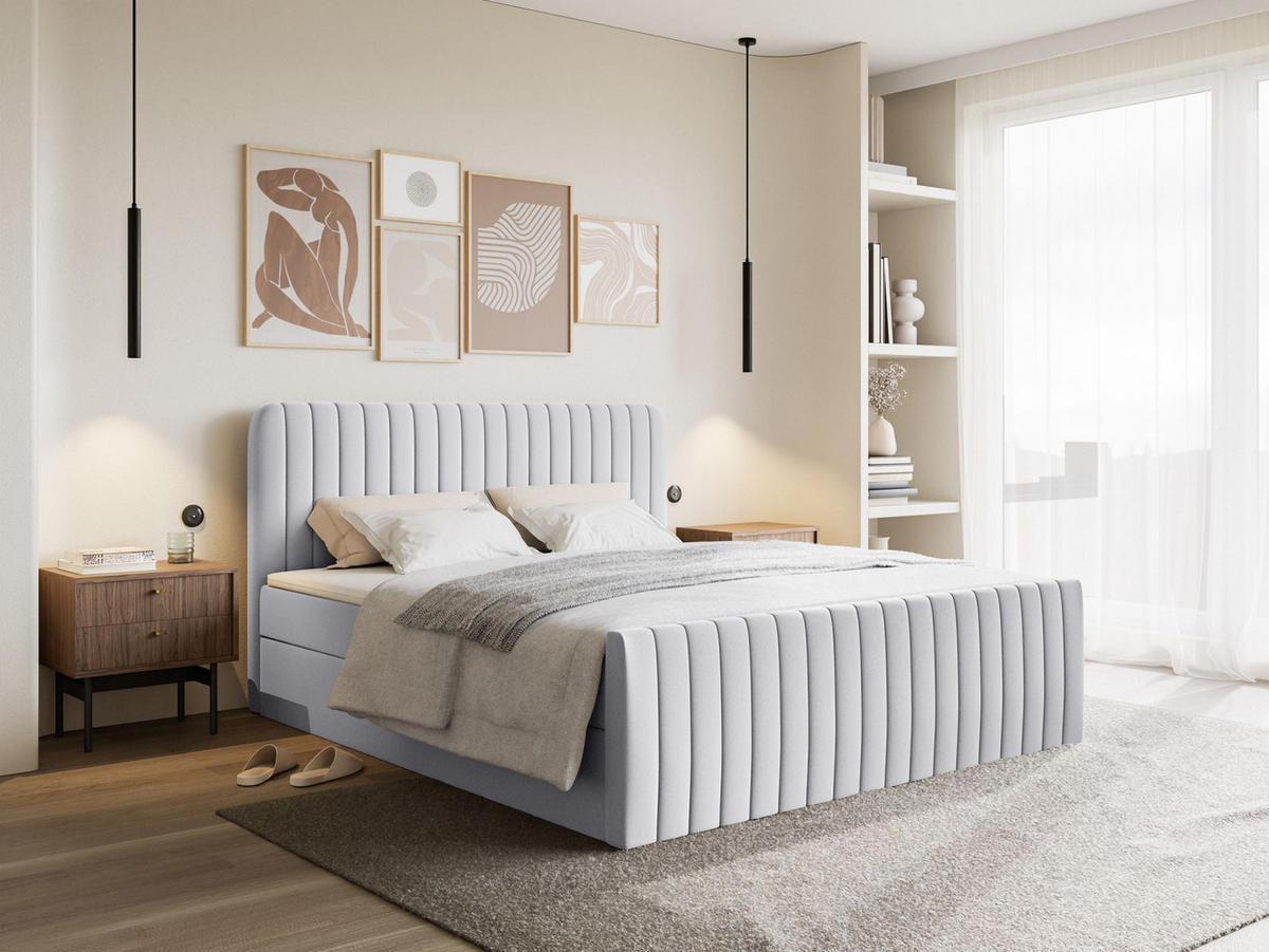 BOXBETT Saliano mit Topper und Chenille-Bezug Hellgrau, 140x200 cm - Hellgrau, Kunststoff/Textil (140/200cm) - Selsey
