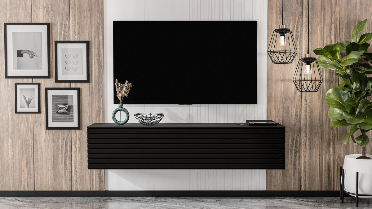 LOWBOARD ZIVOLLI 160 Schwarz, Schwarze Lamellen 160/34/40 cm – TV-Hängeschrank mit Lamellenfront - Schwarz, Holzwerkstoff/Kunststoff (160/34/40cm) - AX Living