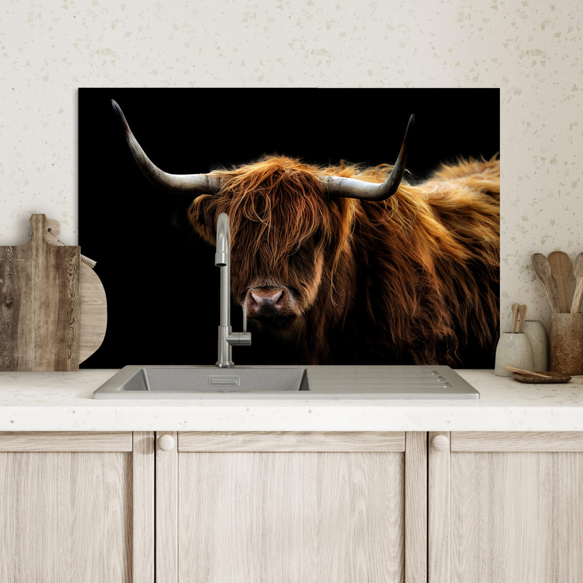 SPRITZSCHUTZ KÜCHE Schottischer Highlander - Hörner - Schwarz - Tiere - Natur - Wild - Kuh 60x40 cm - Cognac, Metall (60/0.3/40cm) - MuchoWow