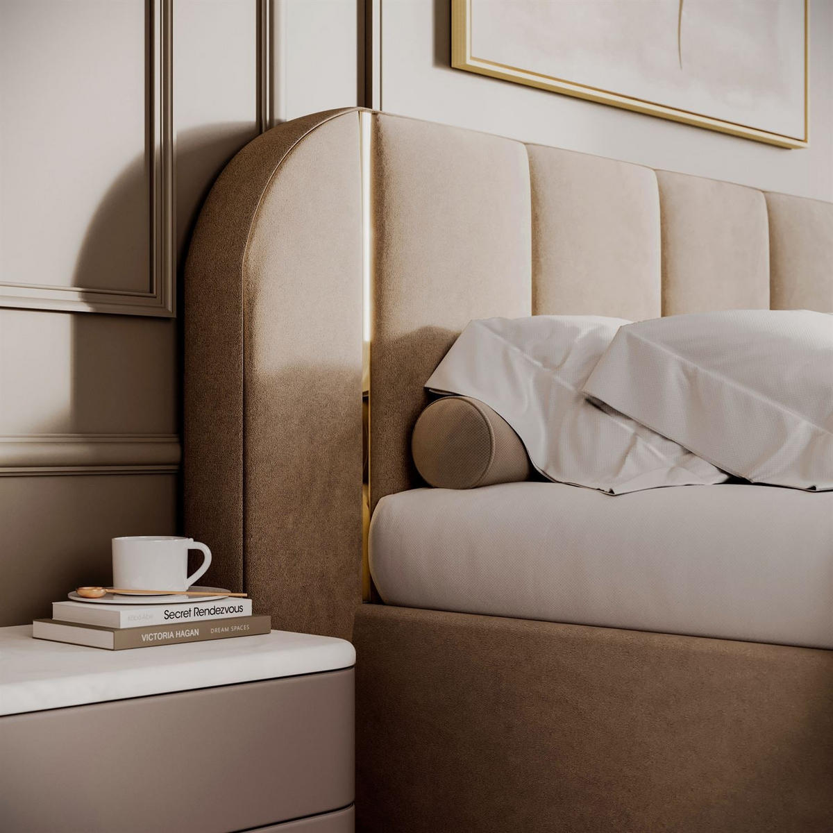 BETT AMARA GOLD 160x200 gepolstert mit Stauraum und Lattenrost, Royal Velvet 170 - Beige, Textil (160/200cm) - Lookway