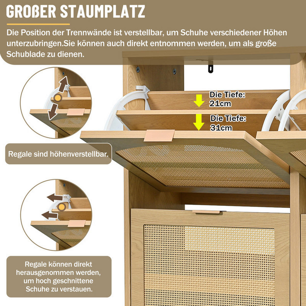 SCHUHSCHRANK Rattan mit 4 Klappschubladen und Metallgriffen 100x25x90 cm - Braun, Holzwerkstoff (25/90.3/100cm) - Moorle