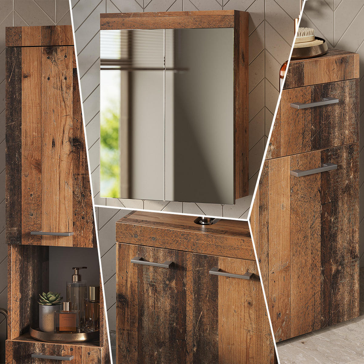 SADA KOUPELNOVÉHO NÁBYTKU Luna Oldstyle 3 díly, s vysokou jednotkou - hnědá, kompozitní dřevo (60/56/34cm) - Vicco