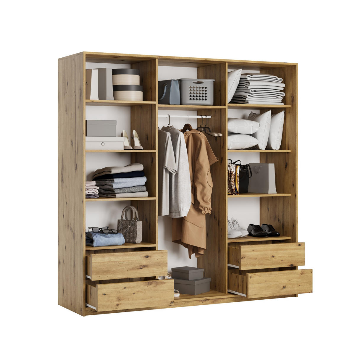 SCHWEBETÜRENSCHRANK VONTE 180/205/60 cm 3-türig mit Lamellen Eiche Artisan - Schwarz/Eiche Artisan, Holzwerkstoff (180/205/60cm) - MASSENO