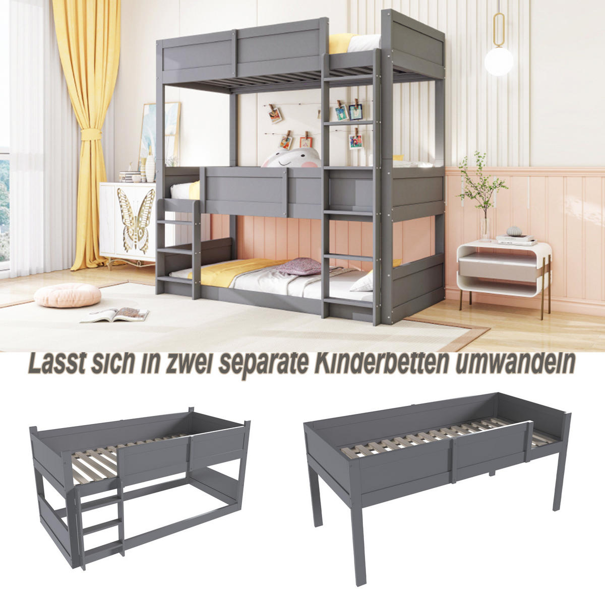 HOCHBETT 90/200 cm Grau aus Massivholz mit 3 Schlafplätzen - Grau, Holz (90/200cm) - MIVRAY