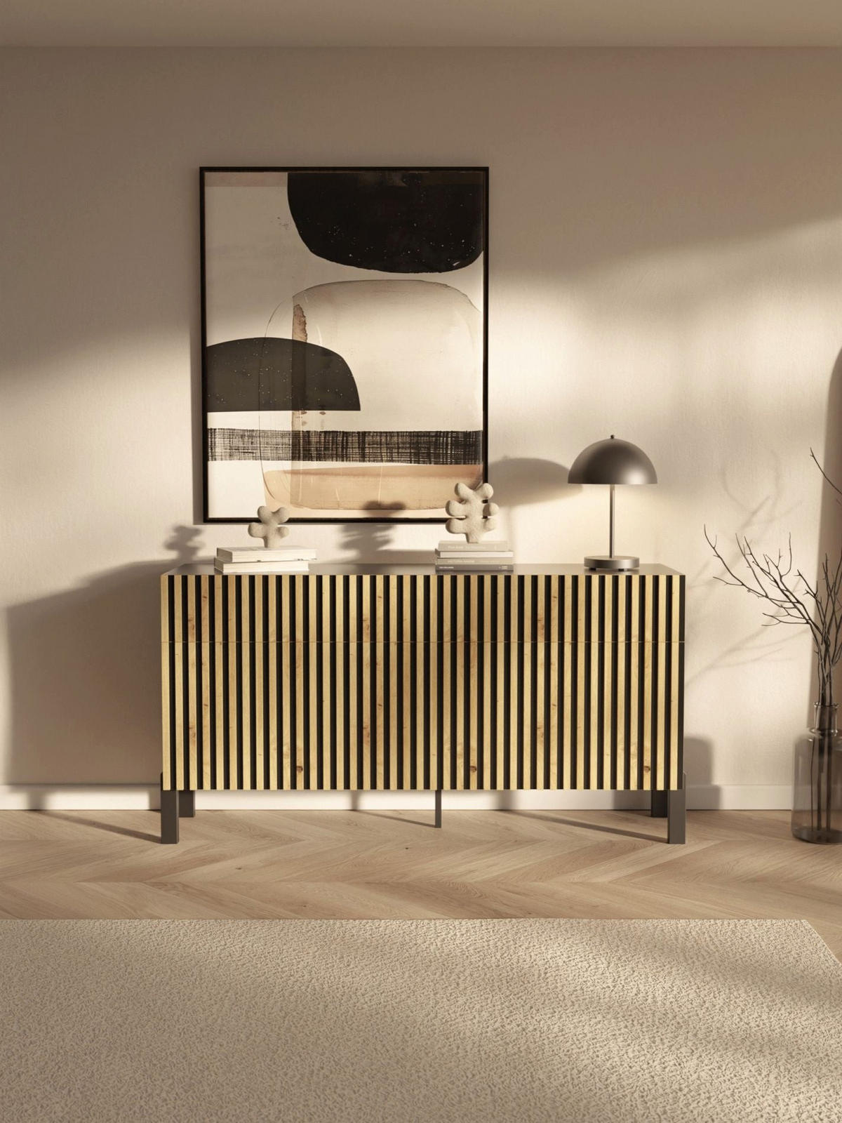 SIDEBOARD Telire 3-türig Schwarz / Artisan Eiche-Optik, 154 cm - Schwarz, Holzwerkstoff/Metall (154/80.4/34cm) - Selsey